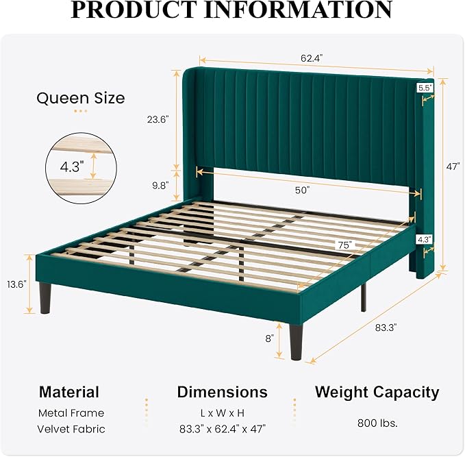 SHA CERLIN Queen Size Velvet Bed Frame with Vertical Channel Tufted Wingback Headboard, Upholstered Platform Bed with Wood Slats, No Box Spring Needed, Easy Assembly, Teal