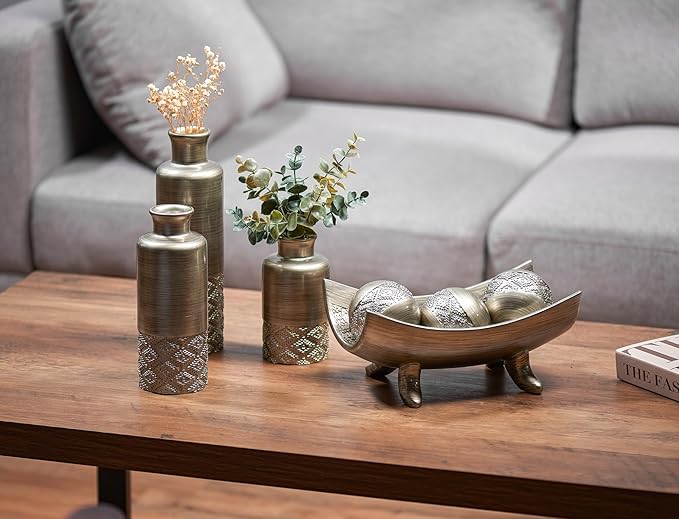 Creative Scents Dublin Silver 3 Vases with Coordinating Bowl and 3 Orbs – Decorative Coffee Table Accents with Orb Balls for Living Room or Dining Room Tables, Home Decor, Mantel Decorations