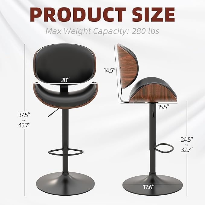 civama Bar Stools Set of 6 for Kitchen Counter, Adjustable Bar Height Chairs, Modern Swivel Barstools with Bentwood Seat and Back with Footrest for Kitchen Island, Dining Room, Black PU Leather