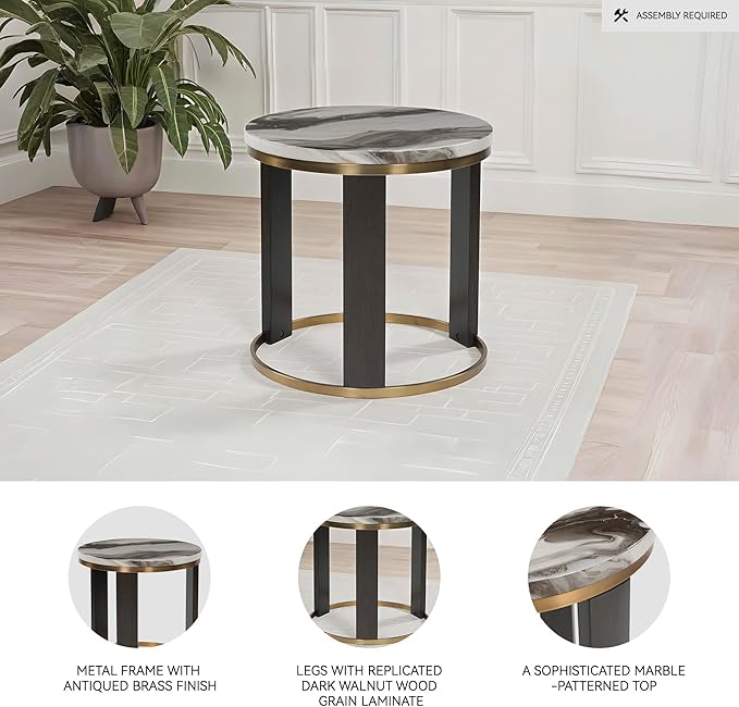 Signature Design by Ashley Jazmore Contemporary Faux Marble End Table with Metal Frame, White & Black
