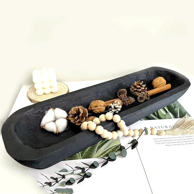 Wooden Dough Bowl Decor, Vintage Wooden Bowl Hand Carved Home Decor for Dining Table Center, Living Room, Kitchen Decor. (20inch black)