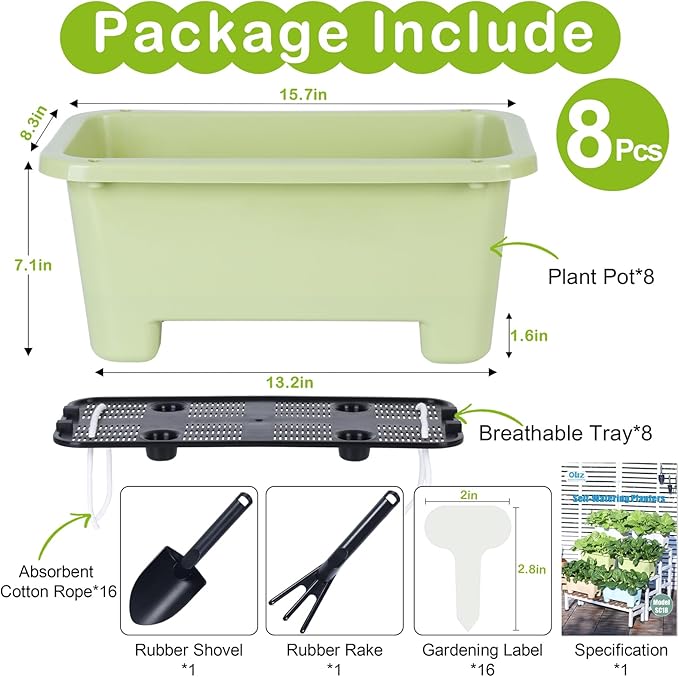 Self-Watering Rectangle Planter Boxes 8-Pack, 15.7-Inch Window Box Planter with Drainage Holes & Trays, Pots for Vegetables, Herbs, Flowers, Garden Windowsill Balcony (Light Green, 15.7*8.3*7.1 inch)