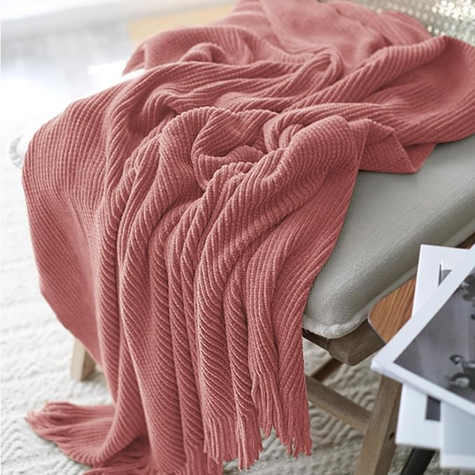inhand Coral Pink Throw Blanket for Couch Bed,Chunky Chenille Woven Soft Warm Christmas Blankets Gifts for Women with Tassels, Cozy Boho Farmhouse Fall Winter Decor,50"x60",Medium Thick