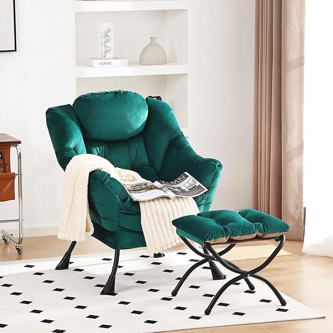 Lazy Chair and Ottoman, Large Accent Lounge Chair with Armrests and a Side Pocket, Modern Leisure Upholstered Sofa Reading Armchair with Footrest for Bedroom, Living Room, Dorm Rooms, Office