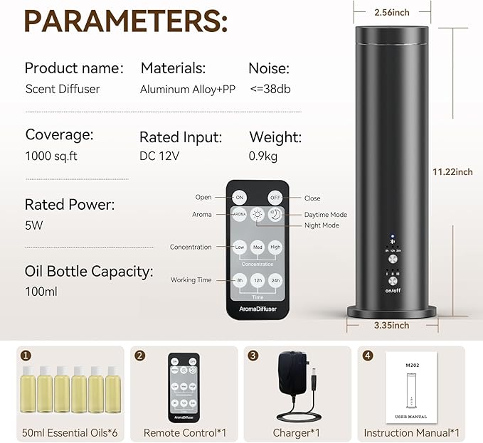 Waterless Scent Diffuser with Bluetooth - 100ml Essential Oil Diffuser Machine for Home, Office,Spa - Aromatherapy Fragrance Diffuser with 6 Essential Oils Included,Remote & App Control,Black