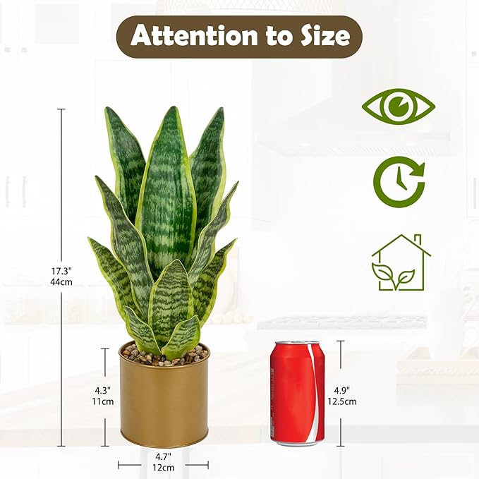 Artificial Potted Plant, Fake Snake Plant in Gold Pot 17.3 inch Faux Sansevieria Trifasciata Artificial Plants Indoor with Pot for Home Office Living Room Indoor Outdoor Decor