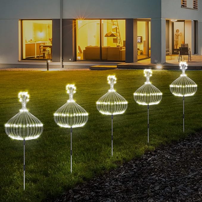 Solar Garden Lights Outdoor Fireworks - 5 Pack Decorative Solar Lamps with 8 Modes Remote for Lawn Backyard Patio Pathway (Cool White)