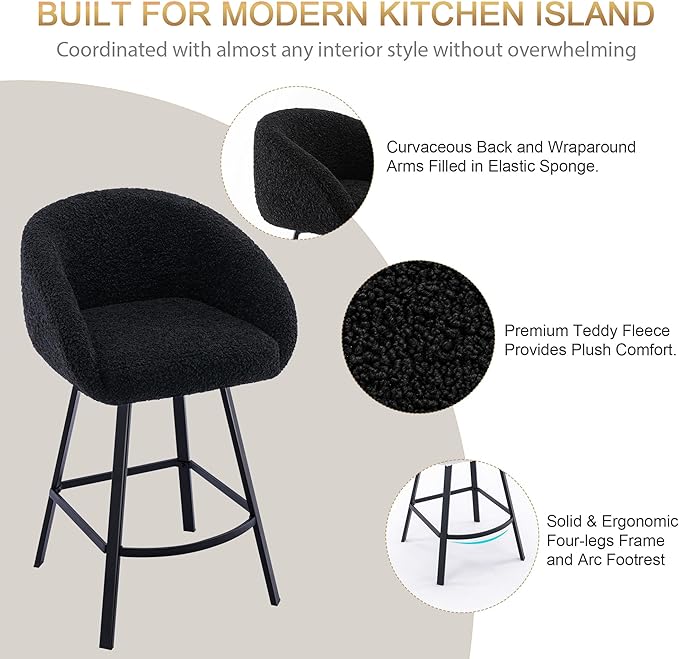 Zesthouse 26'' Modern Counter Height Bar Stools Set of 3, Swivel Barstools with Arms & Backs for Kitchen Counter, Upholstered Black Sherpa Fabric Bar Stools, Kitchen Island Chairs with Metal Legs