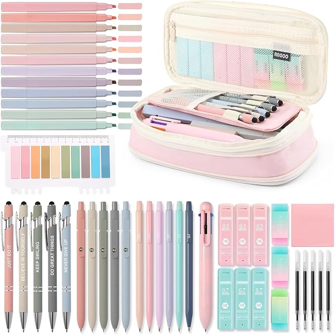 56 PCS Aesthetic School Supplies with Large Pencil Case, 5 Inspirational Ballpoint Pens, 12 Pastel Highlighters, 5 Black Ink Gel Pens, 6 Mechanical Pencils 0.5-0.7mm Student Essentials (Pink)