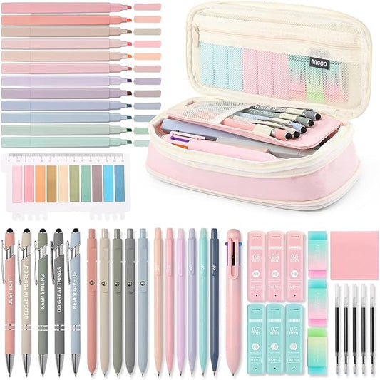 56 PCS Aesthetic School Supplies with Large Pencil Case, 5 Inspirational Ballpoint Pens, 12 Pastel Highlighters, 5 Black Ink Gel Pens, 6 Mechanical Pencils 0.5-0.7mm Student Essentials (Pink)
