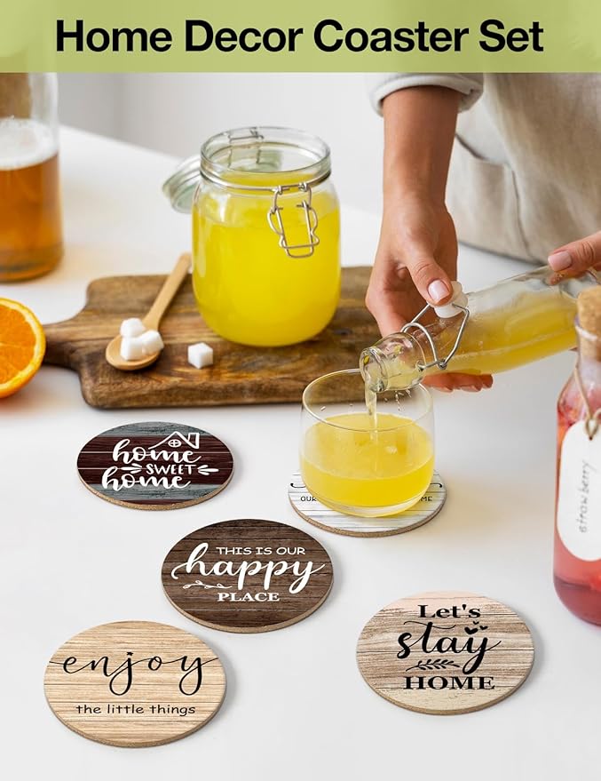 Funny Home Sweet Home Coasters for Drinks - Farmhouse Coffee Bar Coasters Set of 6 with Holder, Home Kitchen Decor Accessories, House Warming Gifts for Woman Coffee Lovers