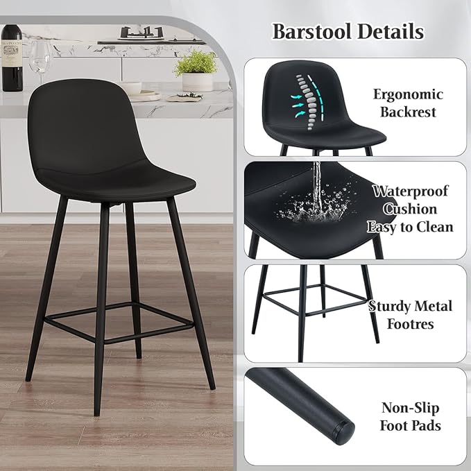 Barstools Set of 4, 24.6" Counter Height Bar Stools with Back & Metal Footrest, Modern Island Chairs Set of 4 for Kitchens Island Home Bar(2 Black & 2 White)