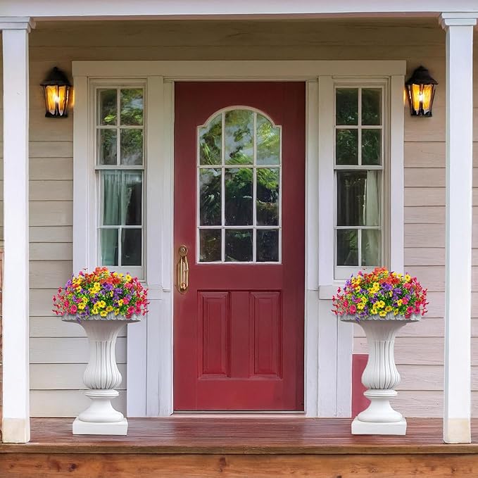 16 Bundles Artificial Flowers Outdoor Spring Summer Decoration Fake Silk Colorful Daisy Eucalyptus Realistic UV Outside Faux Plants for Garden Porch Window Box Home Decor(Red Yellow Pink Purple)