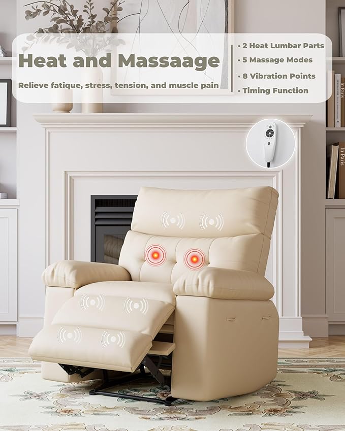 Garvee Oversized Recliner Chair Large Manual Recliner for Adults Lazy Chair PU Leather 1.5X Sponge Filling with Massage & Heat - Beige