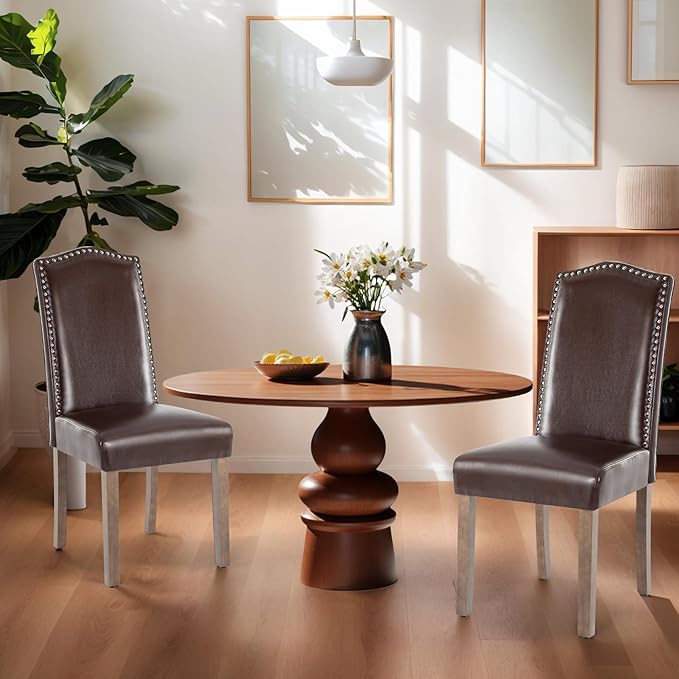 Stylish Upholstered Parsons Dining Chair PU Faux Leather with Silver Nailhead Trim and Sturdy Solid Wood Legs