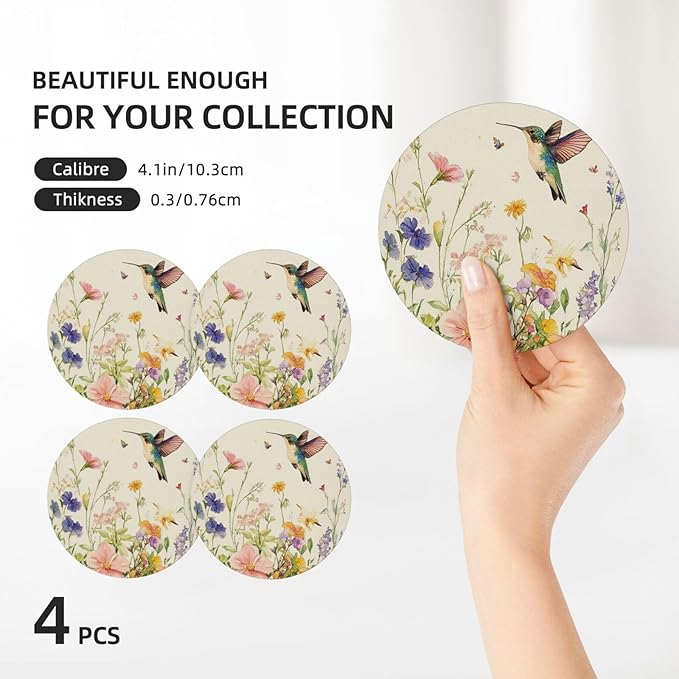 Watercolor Spring Hummingbird Coasters for Drinks Absorbent Ceramic Coaster Set of 4 for Coffee Table Cup Bar Desk Round Coasters Mat with Cork Base Seasonal Home Decors