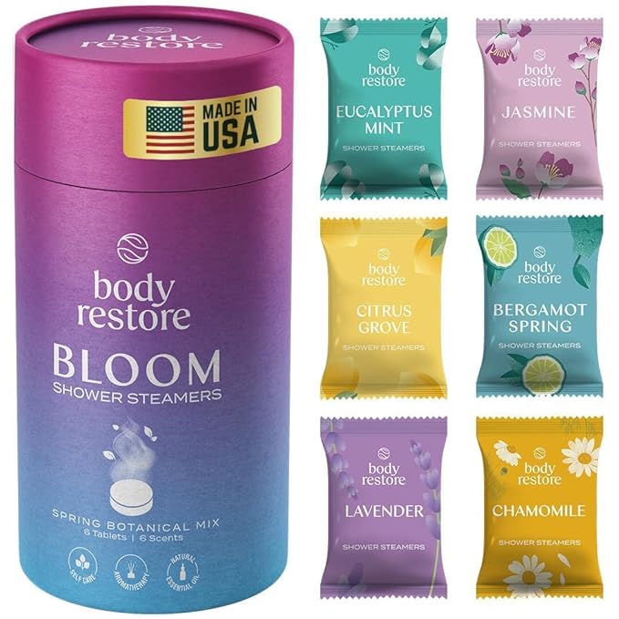 Bloom: Body Restore Shower Steamers Aromatherapy 6 Pack - Christmas Stocking Stuffers, Birthday Gifts for Women, White Elephant, Relaxation, Self Care for Men - Bloom