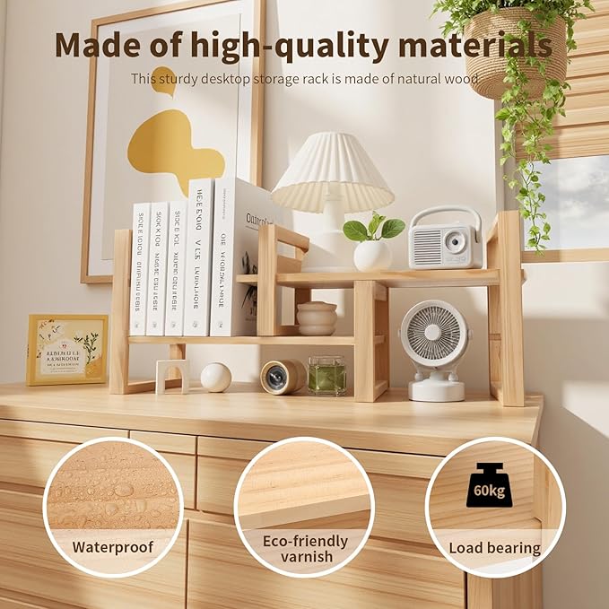 Desk Organizer Adjustable & No Assembly Needed, Solid Pine Wood, Desktop Shelf Holds up to 130lbs for Office, Books, Bathroom Storage, Organization-Pine Nature Wood Color