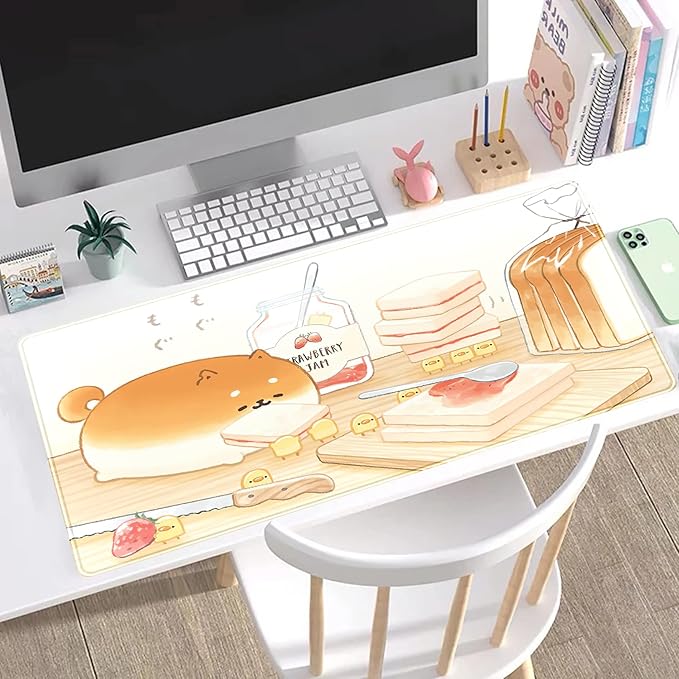 Cute Desk Mat Anime Cartoon Desk Pad Mouse Pad Kawaii Large Yellow Shiba Inu Gaming Mousepad XXL Laptop Keyboard Desktop Writing Pad Stitched Edge Desk Accessories for Girls Students 31.5''X15.7''
