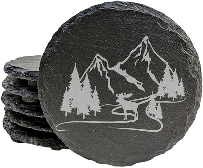 Mountain Majesty Slate Coasters with Stunning Mountain Scene Design - Perfect for Home and Office Decor and Protection of Surfaces, Available in Square or Round Coasters - Round Slate - Set of 6