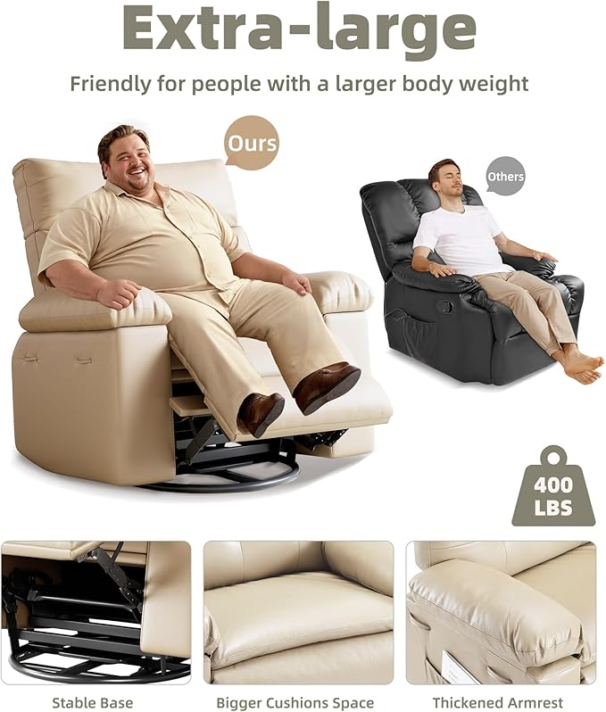 GarveeHome Oversized Recliner Chairs, Classic Manual Leather Recliner, Home Theater Seating with Lumbar & Arms Support for Living Room, Bedroom and Nursery - Beige