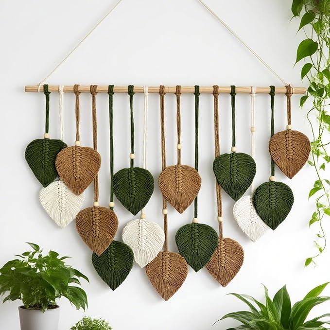 MSFENG Wall Hanging Decor Leaves Tapestry Boho Wall Decor Woven Feather Handmade Yarn Tassels Woven Wall Art Decorations for Nursery, Bedroom, Living Room, Apartment Home Backdrop (DeepGreen-M)