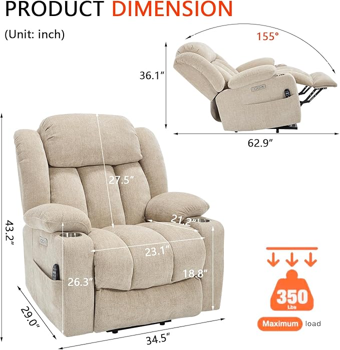 Power Lift Recliner Chair, 350lb Capacity with 8-Point Massage & Heating, USB/Type-C Ports & Cup Holders, Heavy Duty Chenille Recliner for Elderly, Beige