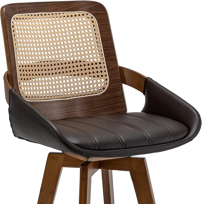 Bar Height Bar Stools Set of 4 - 29.5 inch Mid Century Modern Bar Stools with Cane Back, Curved Arms, Faux Leather Upholstered Seat, Rattan BarStools for Island/Pub/Kitchen (30" Seat Height, Brown)
