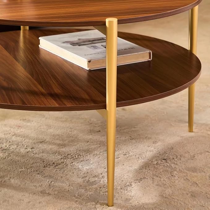 Shrine Round Glass Coffee Table, Mid-Century Modern Design, D30 x H17 in, Two-Tier Round Table with Walnut MDF Shelves, Sleek Conical Metal Legs with Gold Finish