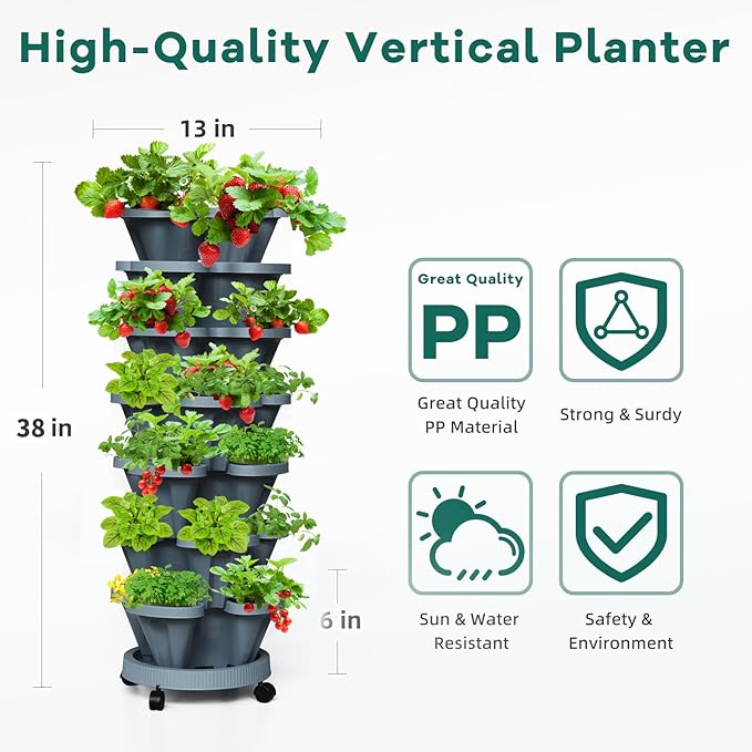Strawberry Vertical Planters Tower Garden, 7 Tiered Stacking Herb Vegetable Planter with Support Pole Indoor and Outdoor - Dark Grey