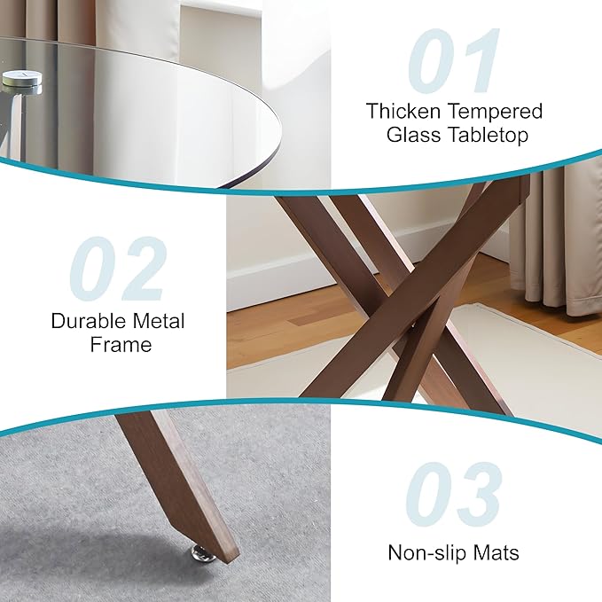 Dining Table for 4 Modern Round Dining Table 35.43" Kitchen & Dining Room Tables with Metal Legs and Glass Tabletop for Dining Room and Apartment, Brown
