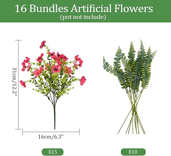 Artificial Faux Plants Flowers Outdoor Decoration,16 Bundles Fake Silk Colorful Daisy Eucalyptus Realistic UV Resistant for Outside Home Planter Porch Patio Yard Decor (Red)