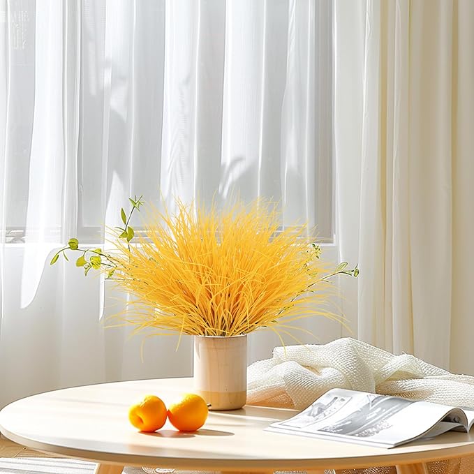 RECUTMS Artificial Grasses Outdoor Plants Tall Grass Spring Fake Grass Plant Plastic Artificial Shrubs for Planters Wedding Indoor Outside Garden Porch Home Office Window Box Decor(Pure Yellow)