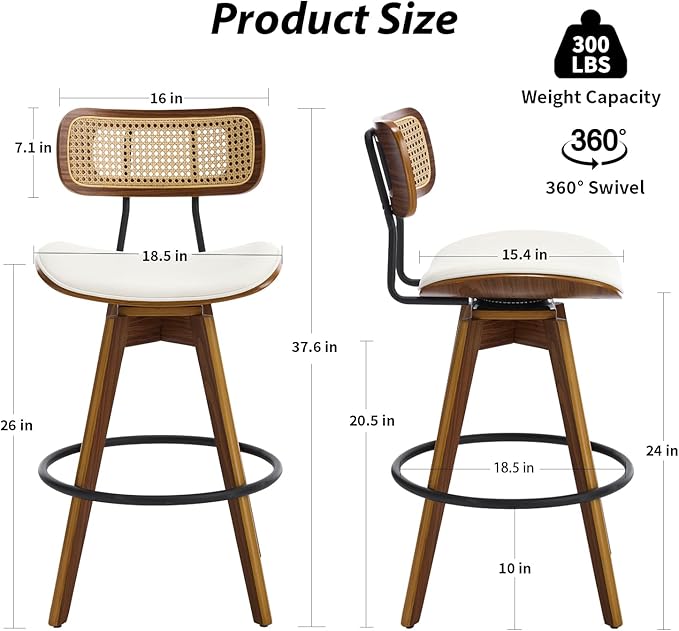 Swivel Bar Stools Set of 2, Faux Leather Counter Height Stools with Rattan Back, 26" Seat Height Upholstered Bar Chairs with Bentwood Wood Frame for Kitchen Island - Beige