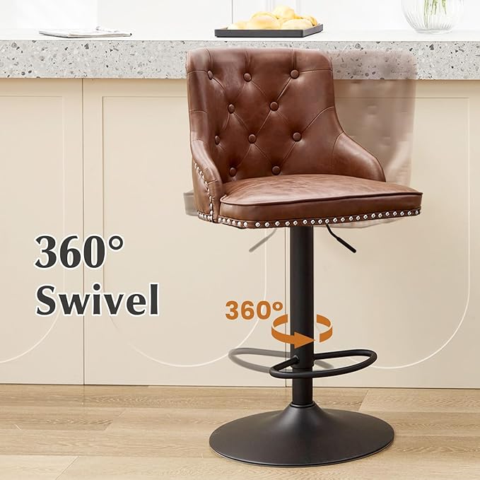 Modern Counter Stools Set of 2, Swivel Counter Height Bar Stools with Back and Armrests, 25'' to 33'' Adjustable Height PU Leather Bar Chairs with Rivets for Kitchen Island, Light Brown