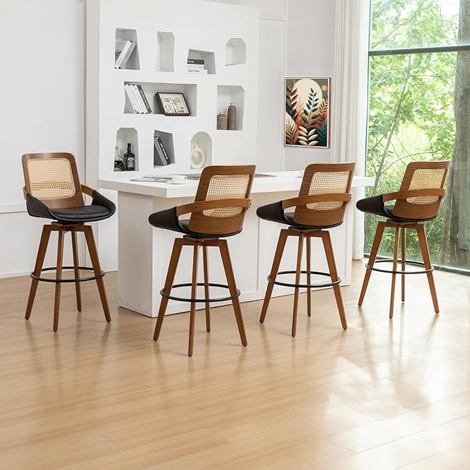 Bar Height Bar Stools Set of 4 - 29.5 inch Mid Century Modern Bar Stools with Cane Back, Curved Arms, Faux Leather Upholstered Seat, Rattan BarStools for Island/Pub/Kitchen (30" Seat Height, Black)