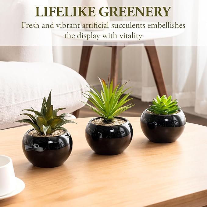 MyGift Mini Assorted Artificial Succulents in Round Black Ceramic Pots, Mixed Realistic Indoor House Plants, Set of 3