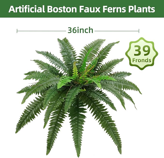 36" Artificial Boston Ferns Bush Plants, Set of 2, Large Faux Ferns Hanging Decor with 39 Fronds, Fake Vines Indoor Or Outdoors Planter for Home and Office Decor