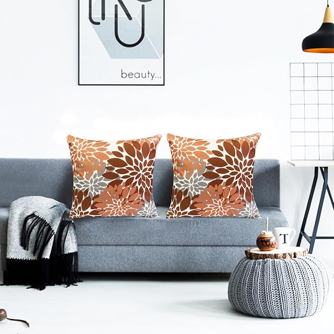 Decorative Throw Pillow Covers Set of 2 Brown Coffee Pillow Covers 18x18 Inch Couch Pillow Covers for Sofa Living Room Outdoor Throw Pillow Cover Linen Floral Flower Farmhouse Pillowcase