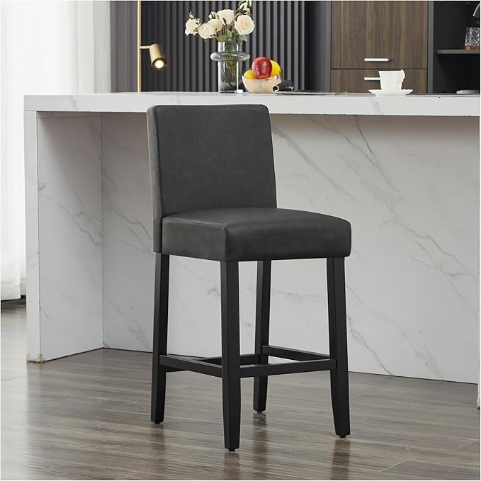 26'' Faux Leather Bar Stools, Modern Upholstered Bar Height Bar Chairs, Soild Wood Legs Barstools with Back, Black