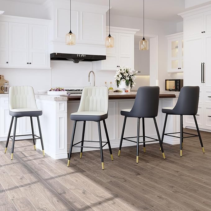 Counter Height Bar Stools Set of 4,27" Modern Bar Stools with Back,Upholstered Counter Height Bar Stool with Sturdy Metal Footrest,Kitchen Island Chairs for Home Pub (White-Grey,4)