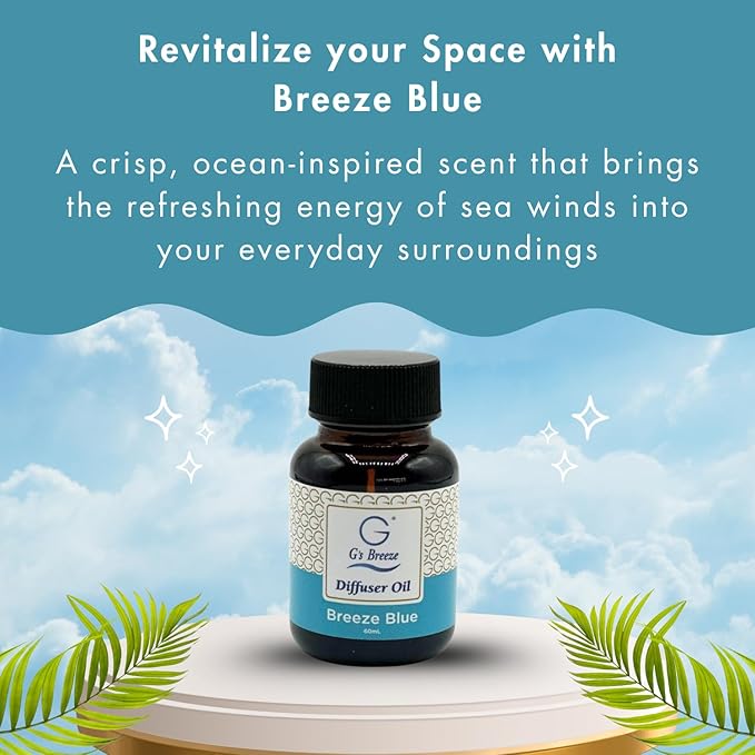 G's Breeze Breeze Blue Diffuser Oil Refill - Ocean Inspired Refreshing Scent, Long-Lasting Aroma - Notes of Sea Air, Soft Citrus & Florals - Instant Fresh Energy - Ideal for Home & Office - 60 ML