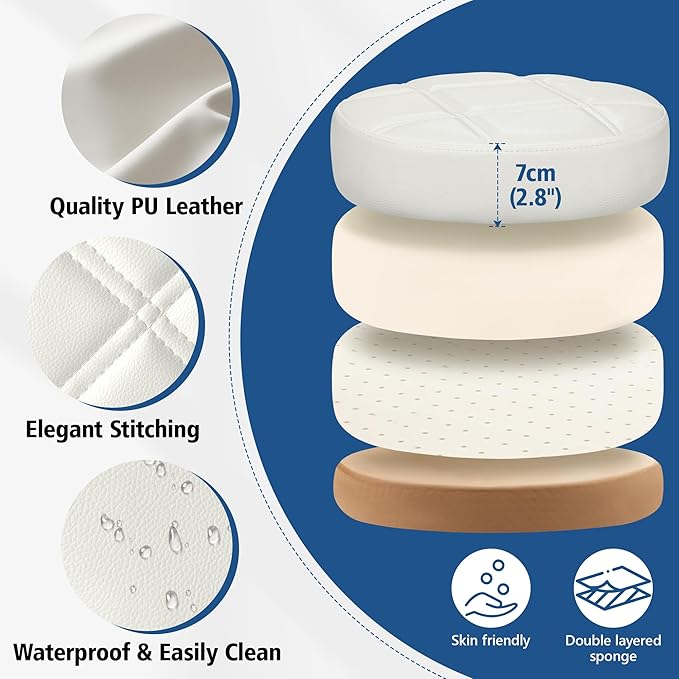 Rolling Stool with Wheels, PU Leather Small Office Chair with Foot Rest,Versatile Adjustable Swivel Stool for Tattoo Massage Salon Spa Teach Medical Facial Office Home Work Kitchen White