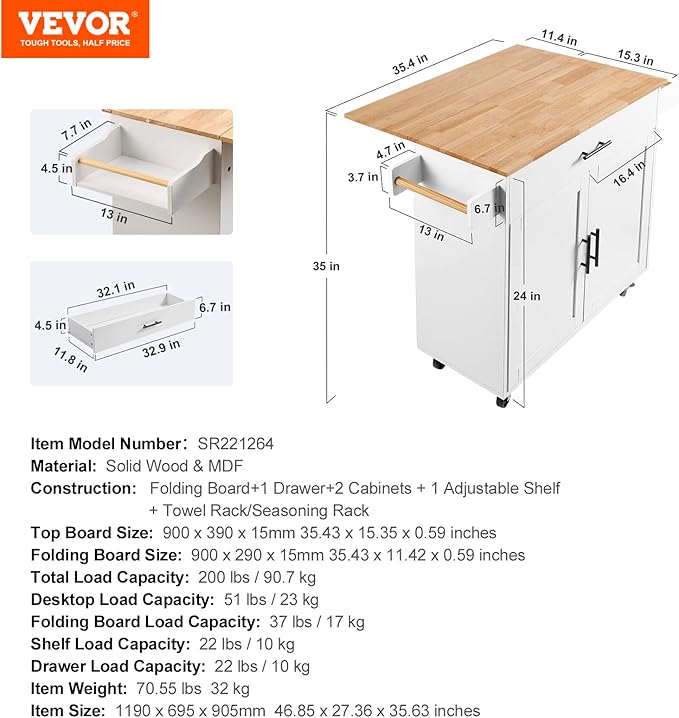 VEVOR Kitchen Island Cart with Solid Wood Top, 35.4" Width Mobile Carts with Storage Cabinet, Rolling Kitchen Table with Spice Rack, Towel Rack, Drop Leaf and Drawer, Portable Islands on Wheels, White