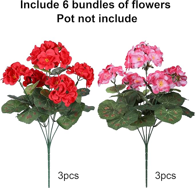 Artificial Geraniums Fake Flowers for Outdoors Decoration, 6 Bundles Silk Geraniums Flower UV Resistant Look Real Faux Plants for Front Door Garden Porch Planter Patio Balcony Yard Indoor Home, Mix