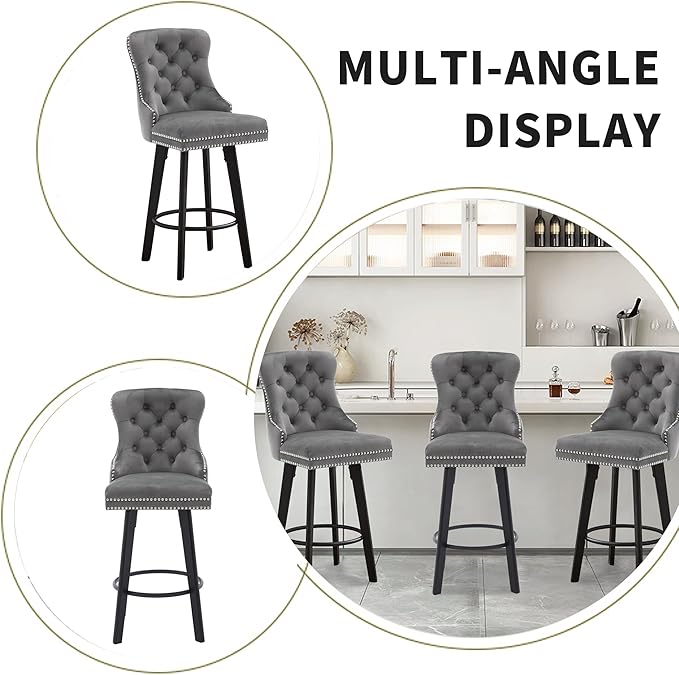 YISHENG Modern Swivel 27" H Seat Velvet Barstools with Backrest and Footrest,Button Tufted Rivet Trim Dining Room Chairs with Metal Pull Ring for Kitchen Island，Bistro, Home Bar，Gray 1PC