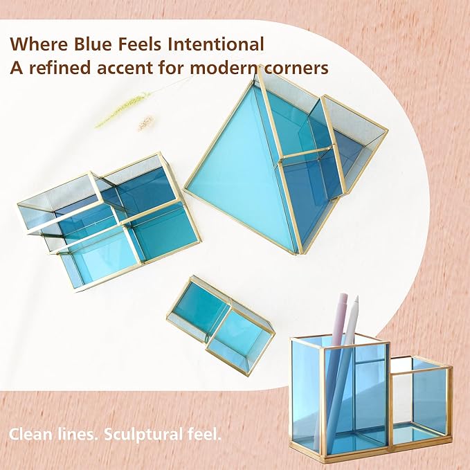 Gold & Blue Glass Desk Organizer - Elegant Office Decor, Aesthetic Makeup Brush Holder, 2-Compartment Pen Holder, Pencil Cup, Vanity & Cosmetic Storage, Desk Accessories for Women