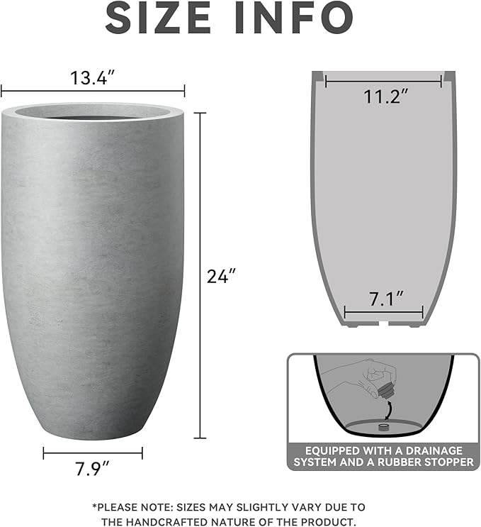 Kante 24 Inch Tall Round Concrete Planter, Large Indoor Outdoor Plant Pots with Drainage Hole and Rubber Plug, Modern Decorative Garden Pots for Home Patio Porch, Natural Concrete