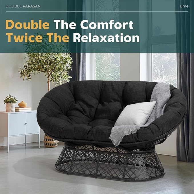 Bme Double Papasan Chair, 600lbs Capacity, Ergonomic Design, Soft Thick Fabric Cushion, Bee-Designed, Durable Steel Frame, 61", Onyx Stone-Black Base