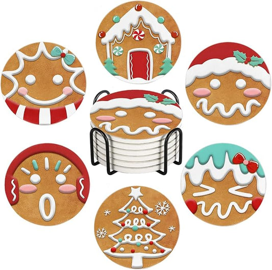 Christmas Absorbent Coasters with Holder Set of 6, Ceramic Stone with Cork Base, Cute Gingerbread Man Coaster for Drinks, Gift for Housewarming Room Bar Home Decor Kitchen